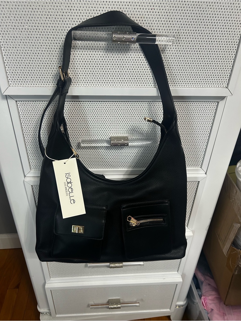 Isabelle Black Pebbled Vegan Leather Hobo with Front Pockets